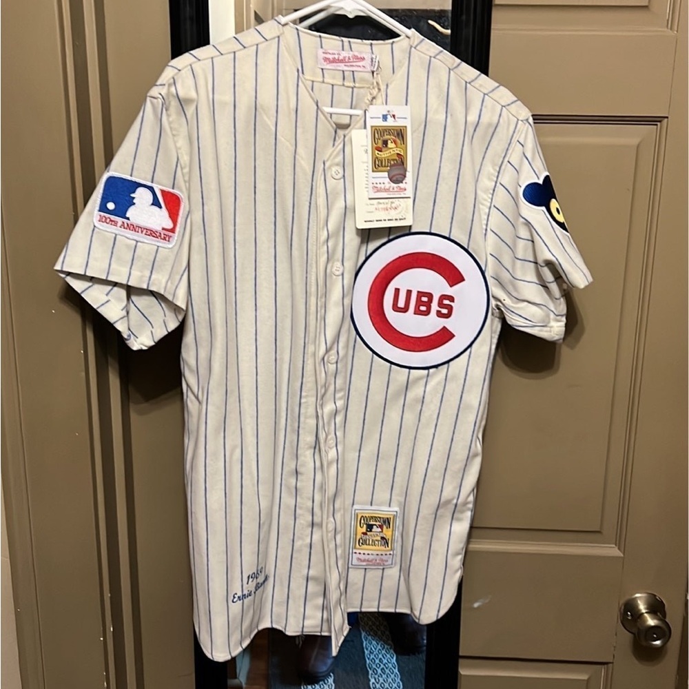 New Mens Chicago Cubs Ernie Banks Mitchell & Ness Cream MLB Authentic Jersey